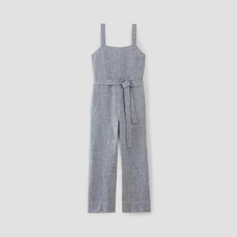EVERLANE | LINEN STRIPED BELTED SQUARE NECKLINE JUMPSUIT SIZE 0 GRAY WHITE